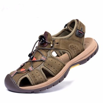100% Asli Kulit Casual Sandal Pria Desainer Air Datar Upstream Sandal Sepatu Luar Ruangan Khaki