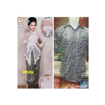 Baju Pasangan / Couple Kebaya Payet Putih Plus Kemeja Batik Pria Tangan Pendek Size M L &