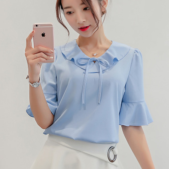 Caidaifei Baju Dalaman Korea Fashion Style Musim Panas Kemeja Sifon Warna Solid Perempuan (Langit Biru