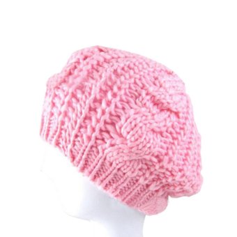 Winter Woman Knit Beret Crochet Beanie Hat Cap Plain Color Pink