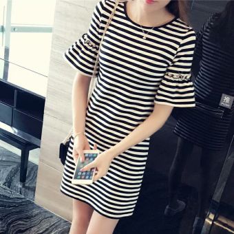 Kaos Wanita Lengan Pendek Motif Garis Gaya Korea (Hitam dan putih bergaris)