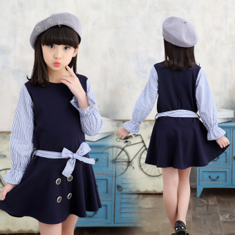 Korea Fashion Style Bergaris Anak Rok Gadis Lengan Panjang Gaun (6560 Biru Tua)