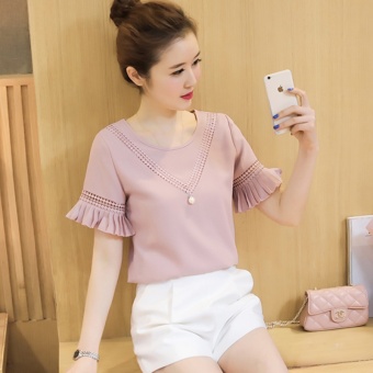 Korea Type Slim Tipis Lengan Pendek Pakaian Musim Hot Round Collar Fashion Girls Blus Sifon Kemeja