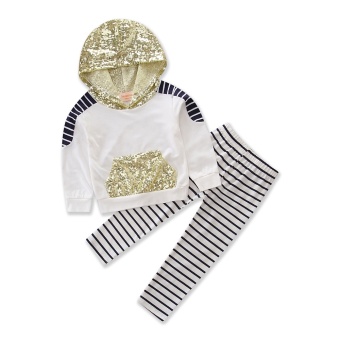 Baru Musim Gugur Bayi Gadis Pakaian Manik-manik Hoodie Atasan Kaus Katun Bergaris Celana 2