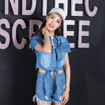Korea Versi Baru dari Pendulum Knot Cowboy Selendang Pendek Kaos Bagian Tipis Kemeja Wanita Lengan Pendek