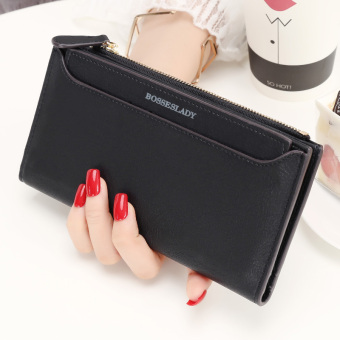 Jianyue perempuan bagian panjang ritsleting dompet tipis wanita wallet (Hitam)