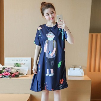 Small Wow Maternity Cute Round Collar Print Short Sleeve Chiffon Loose Long Dress - intl
