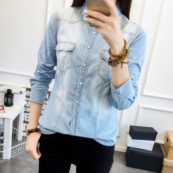 Versi Korea dari denim Slim perempuan lengan panjang wanita kemeja kemeja (Cahaya biru)