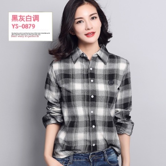 Versi Korea perempuan Musim Semi dan Gugur lengan panjang kemeja Slim kemeja katun kemeja kotak-