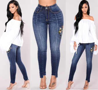 warna warna stretch bordir jual panas denim celana pinggang tinggi denim ( Biru tua)