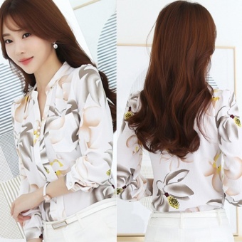 ... Hot Deals Wanita Berdiri Leher Panjang Lengan Bermotif Bunga Sifon Kemeja dari Korea Shirt Putih