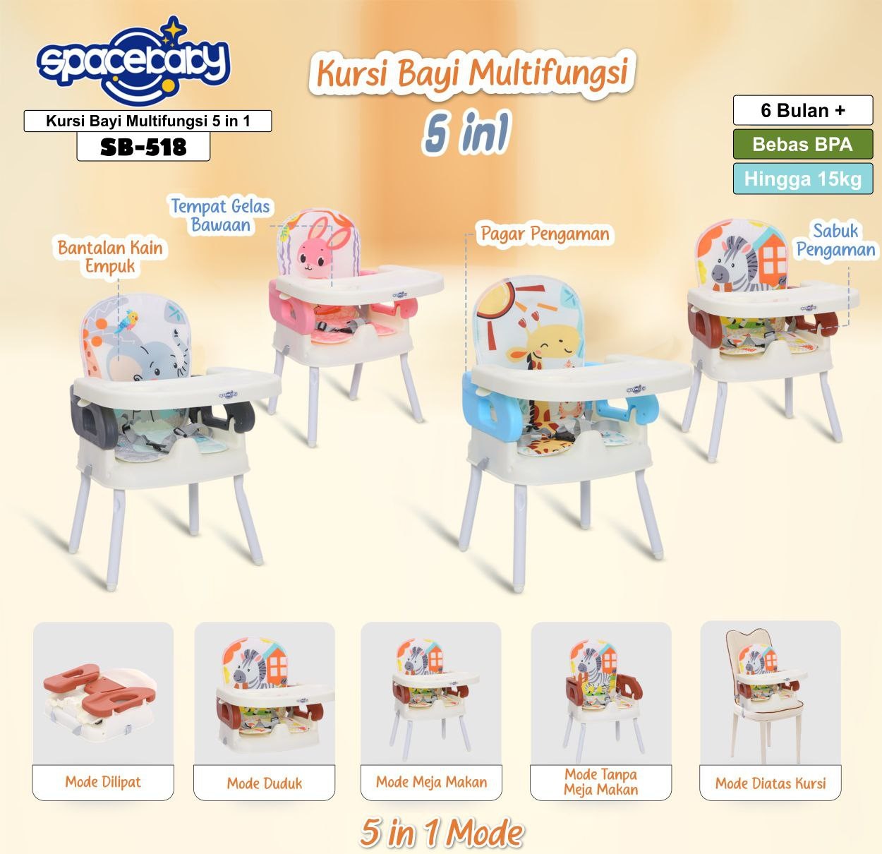 Folding Booster Seat Spacebaby SB518 Meja Makan Lipat 5 In 1 BPA Free