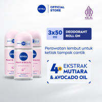 NIVEA Deodorant Roll On Pearl & Beauty 50ml x3 - Deodoran wanita mencerahkan brightening glowing kulit ketiak halus tahan keringat dan anti bau badan - Antiperspiran Ekstrat mutiara Avocado oil 0% alkohol cocok semua jenis kulit
