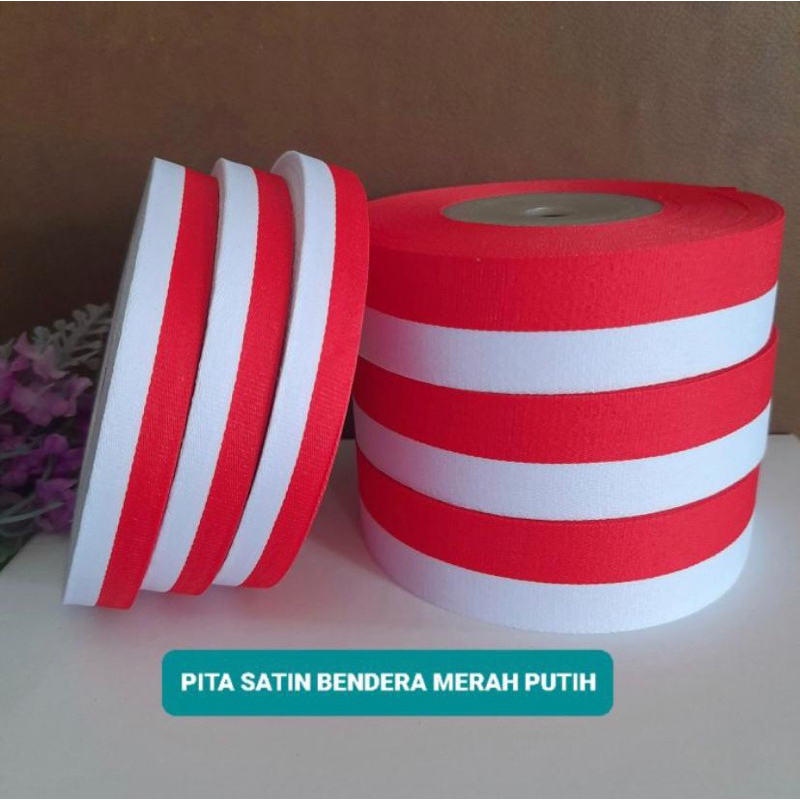 Pita Merah Putih / Pita bendera per Roll 20 Yard (18 Meter) -Pita Merah Putih Indonesia - Pita Kain Semi Satin Merah Putih - Pita Semi Satin - Cod - Millenium Store