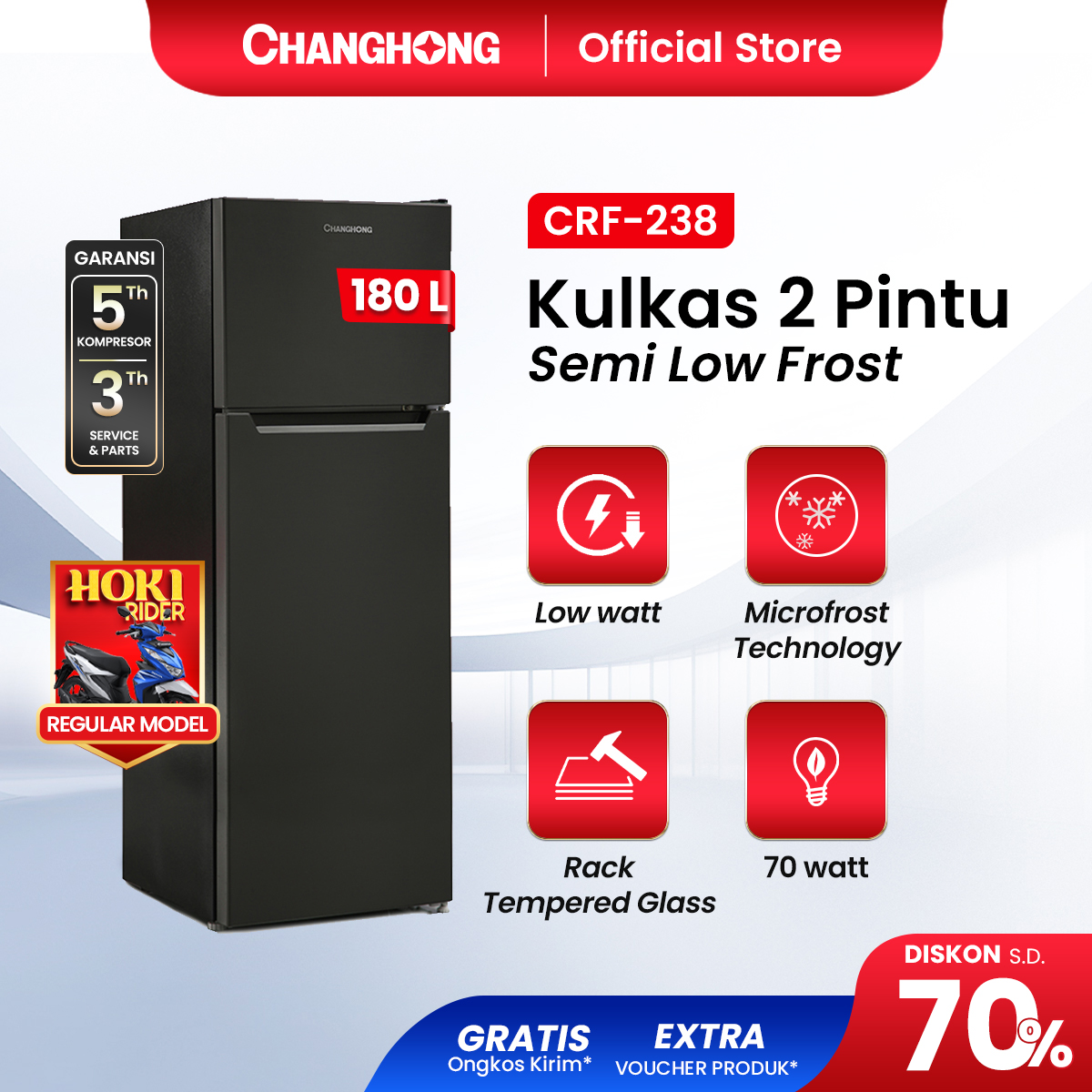 CHANGHONG Kulkas 2 Pintu CRF-238 Hitam Kapasitas 180 Liter Daya Listrik 70-Watt (GARANSI 5 TAHUN)