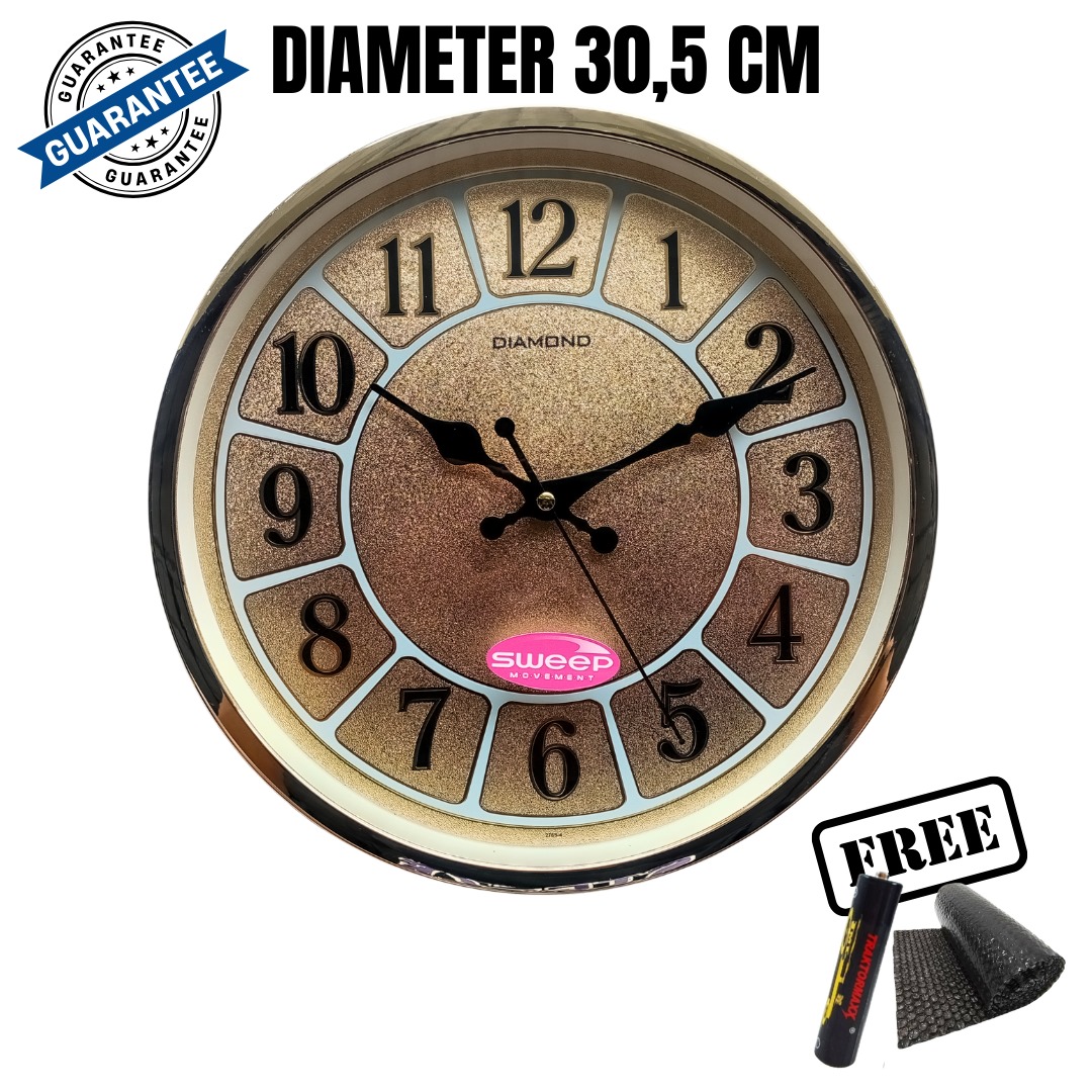 Jam Dinding Mewah Besar Mesin Original Sweep Silent Senyap Quartz Tanpa Detak 32cm Diamond 321-4