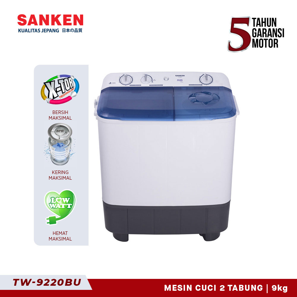SANKEN Mesin Cuci Dua Tabung / Semi Auto 9 Kg TW-9220 BU (Blue + Transparan)