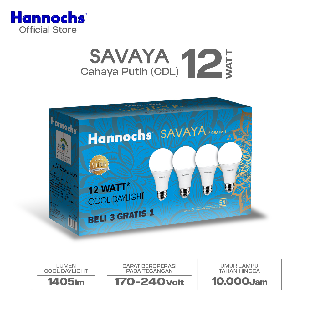 Hannochs Lampu Bohlam LED SAVAYA Multipack 12W Cahaya Putih (Beli 3 Gratis 1)