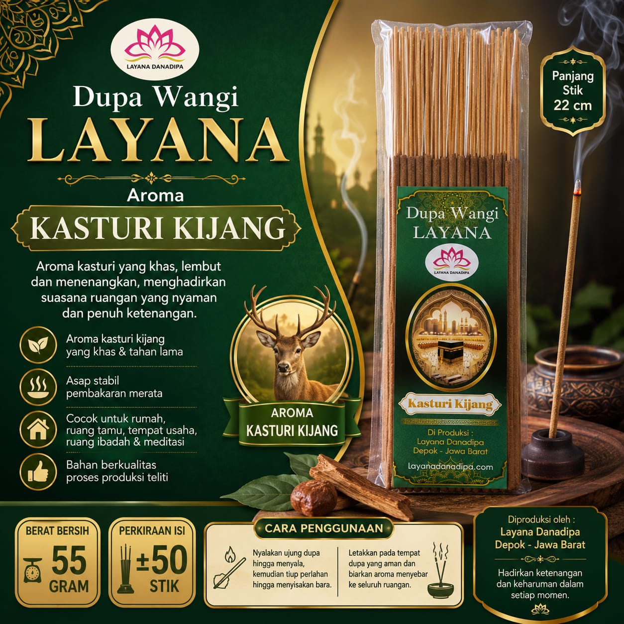 Dupa Wangi Layana Kasturi Kijang 22cm 55gr Dupa Aromaterapi Harum Premium
