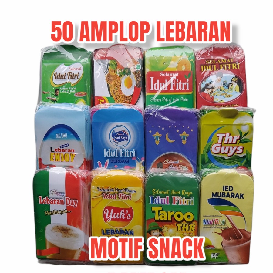AMPLOP LEBARAN ISI 50 LEMBAR MOTIF UANG DAN SNACK