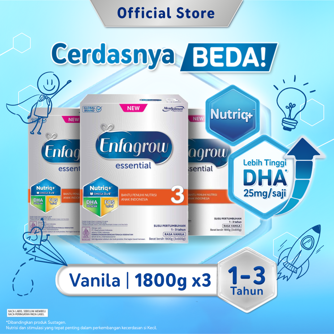 [Paket isi 3] Enfagrow Essential 3 Susu Formula 1-3 Tahun Rasa Vanila 1800gr