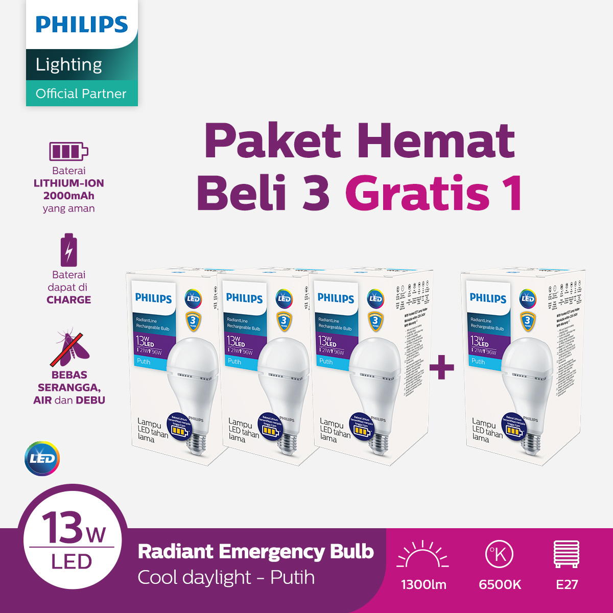 [Exclusive Lazada] Beli 3 Gratis 1 Philips Radiantline Emergency LEDBulb 13W 6500K Putih