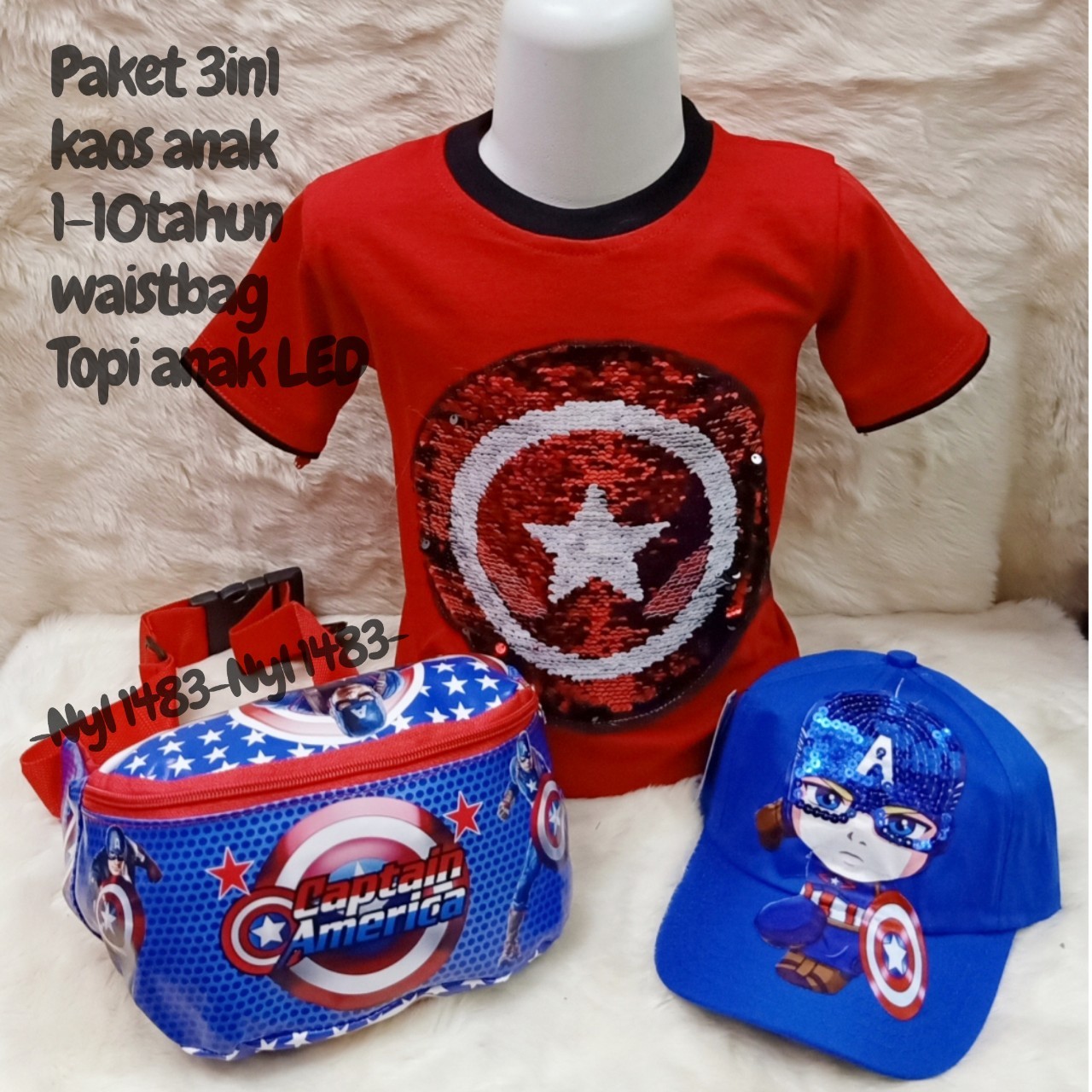 3in1 Kaos Anak Tas Waistbag Topi Led Karakter Captain America Baju Anak Laki Laki Kaos Niqabis Store Dagangplus