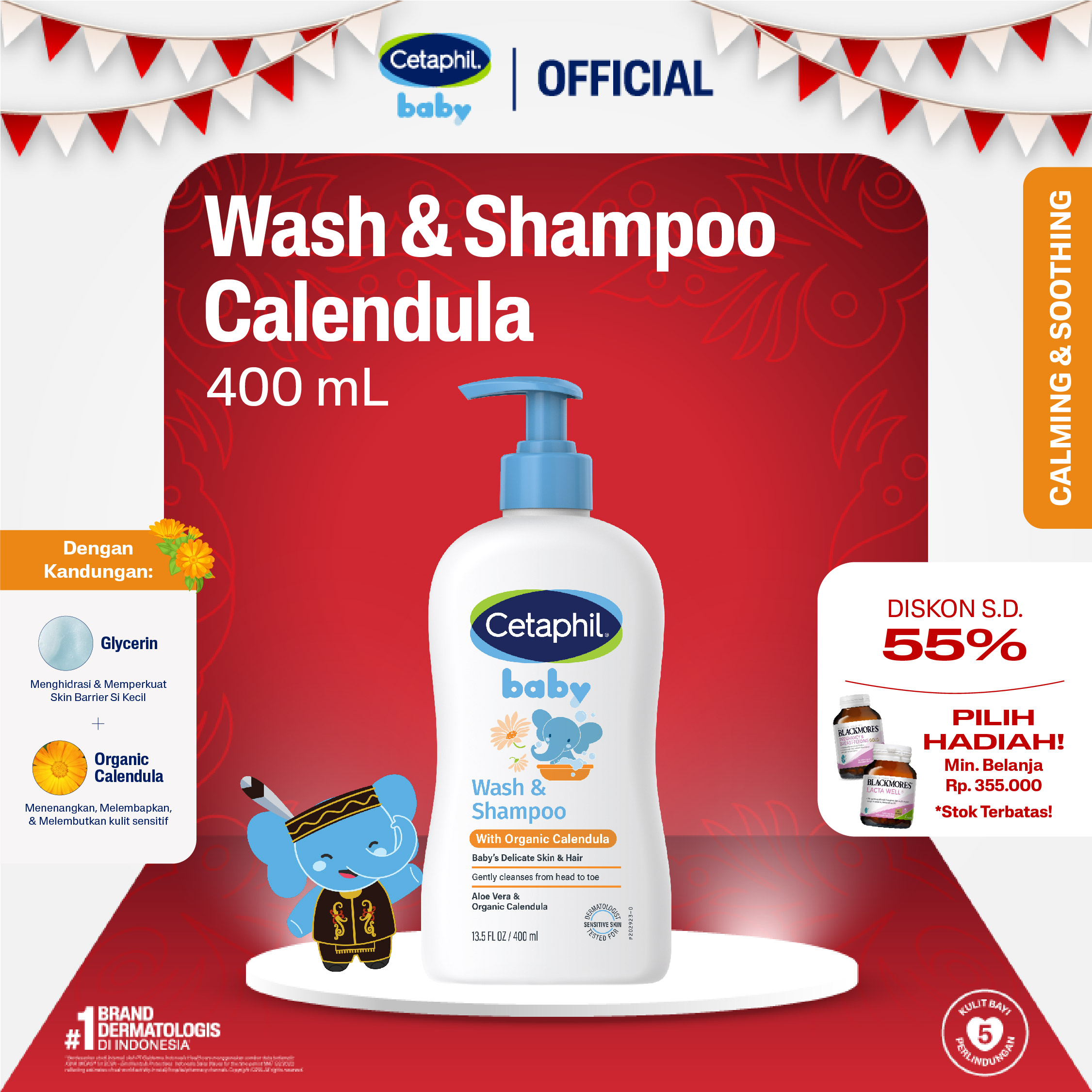 Cetaphil Baby Wash & Shampoo with Organic Calendula 400ml Sabun Mandi dan Shampo untuk Perawatan Kulit Bayi Cocok Untuk Kulit Sensitif