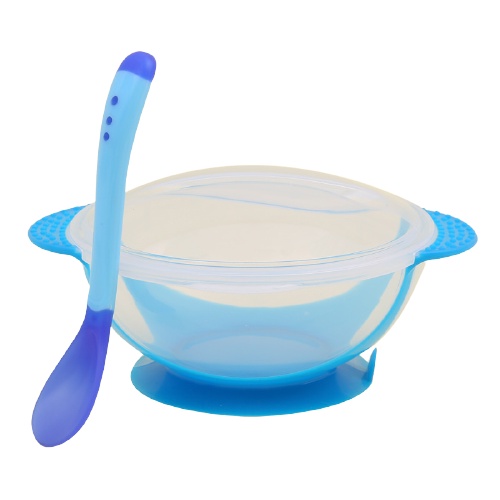 AVVET Mangkok Set Bayi Anti Tumpah Sensor Panas Tempat Makan Bayi Silicon Mangkok Anti Slip Alat Makan Bayi FREE Sendok Murah Import