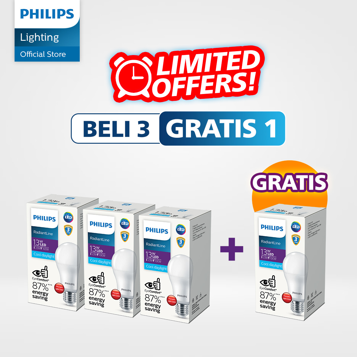 Philips Lampu LED Paket Beli 3 Gratis 1 RadiantLine LEDBulb 13W 6500K Putih