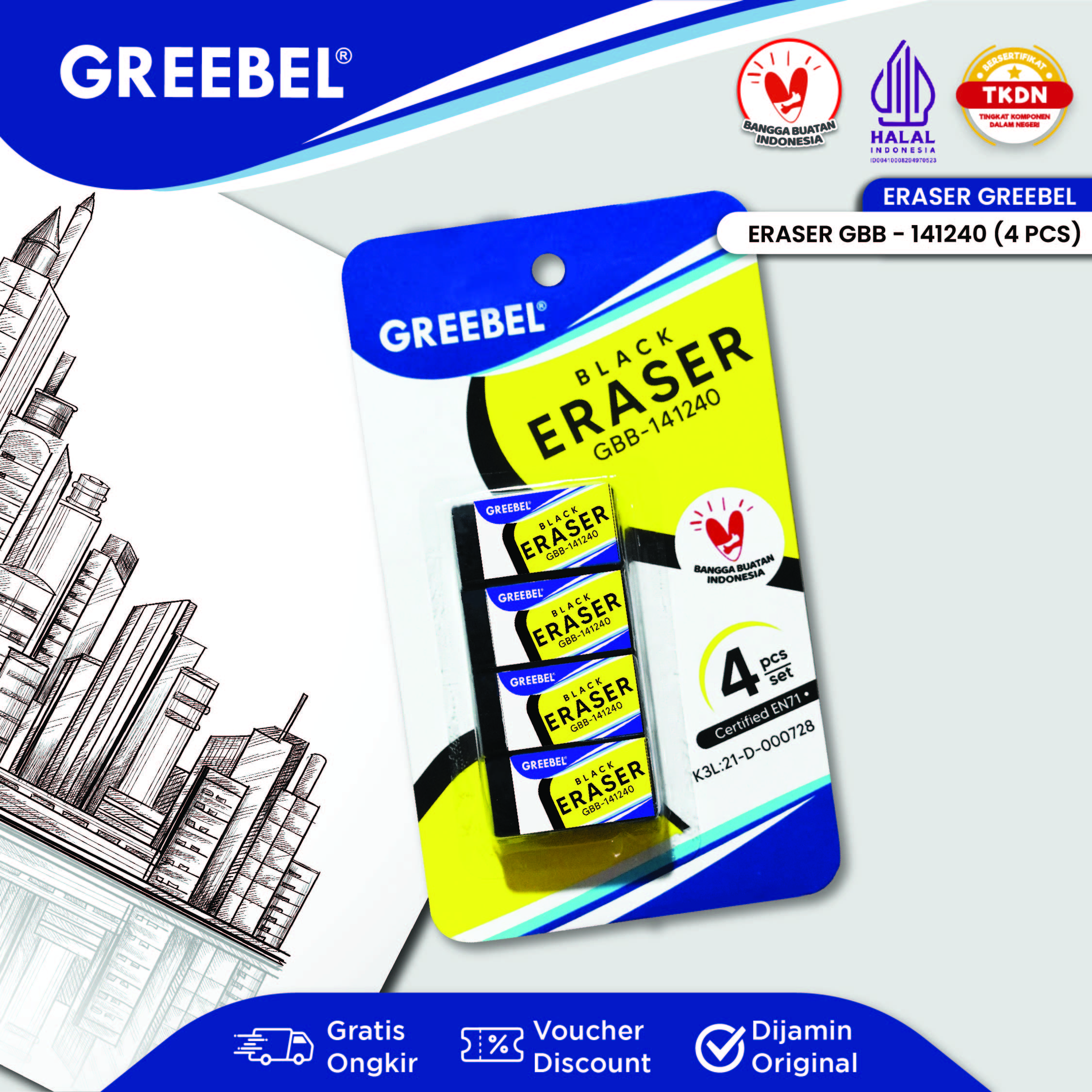 GREEBEL Penghapus Pensil Eraser Pencil (HAPUSAN GBB-141240) / Setip Pencil / Alat Tulis / Aman untuk Anak / Alat Tulis Sekolah