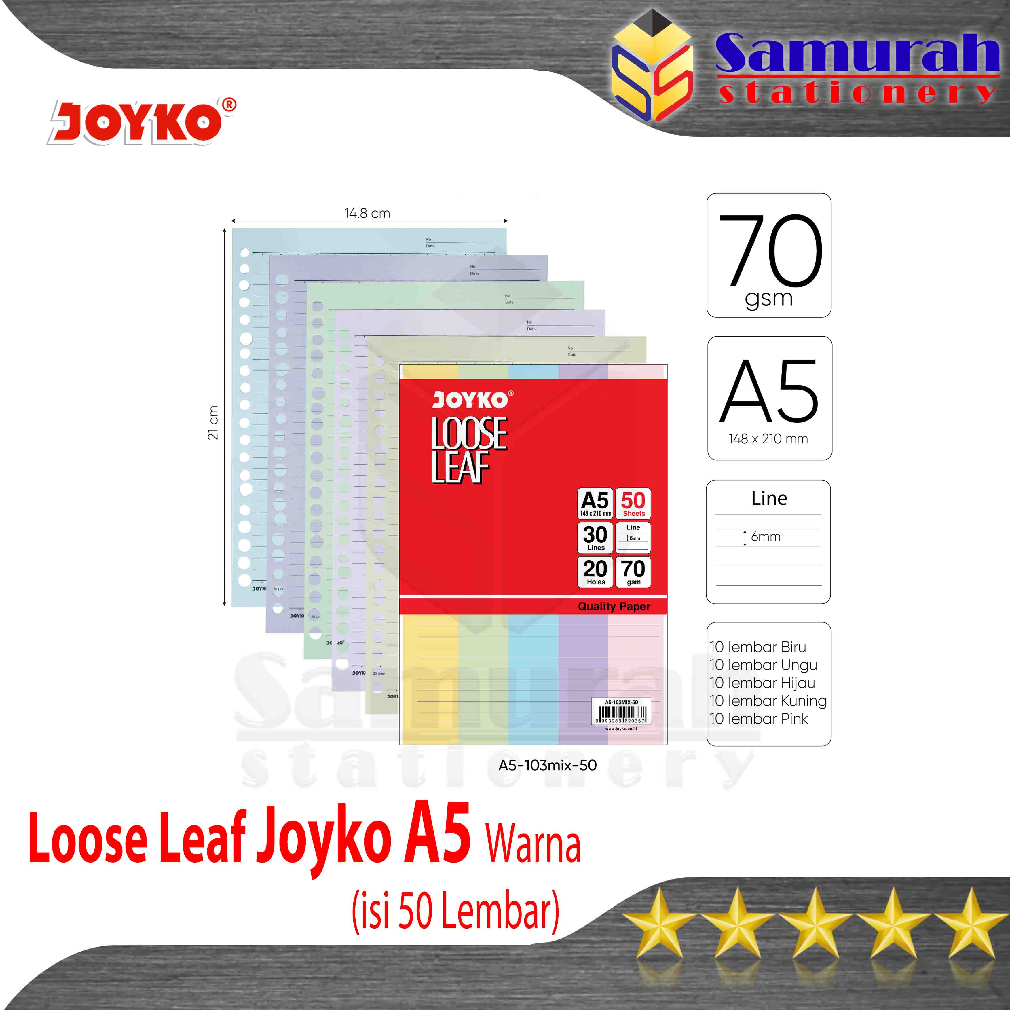 Loose Leaf Joyko A5 - 103 Mix Color / isi Binder File A5 isi 50 Lembar 5 Warna Campur / Kertas Ukuran A5-103 20 lubang Bergaris