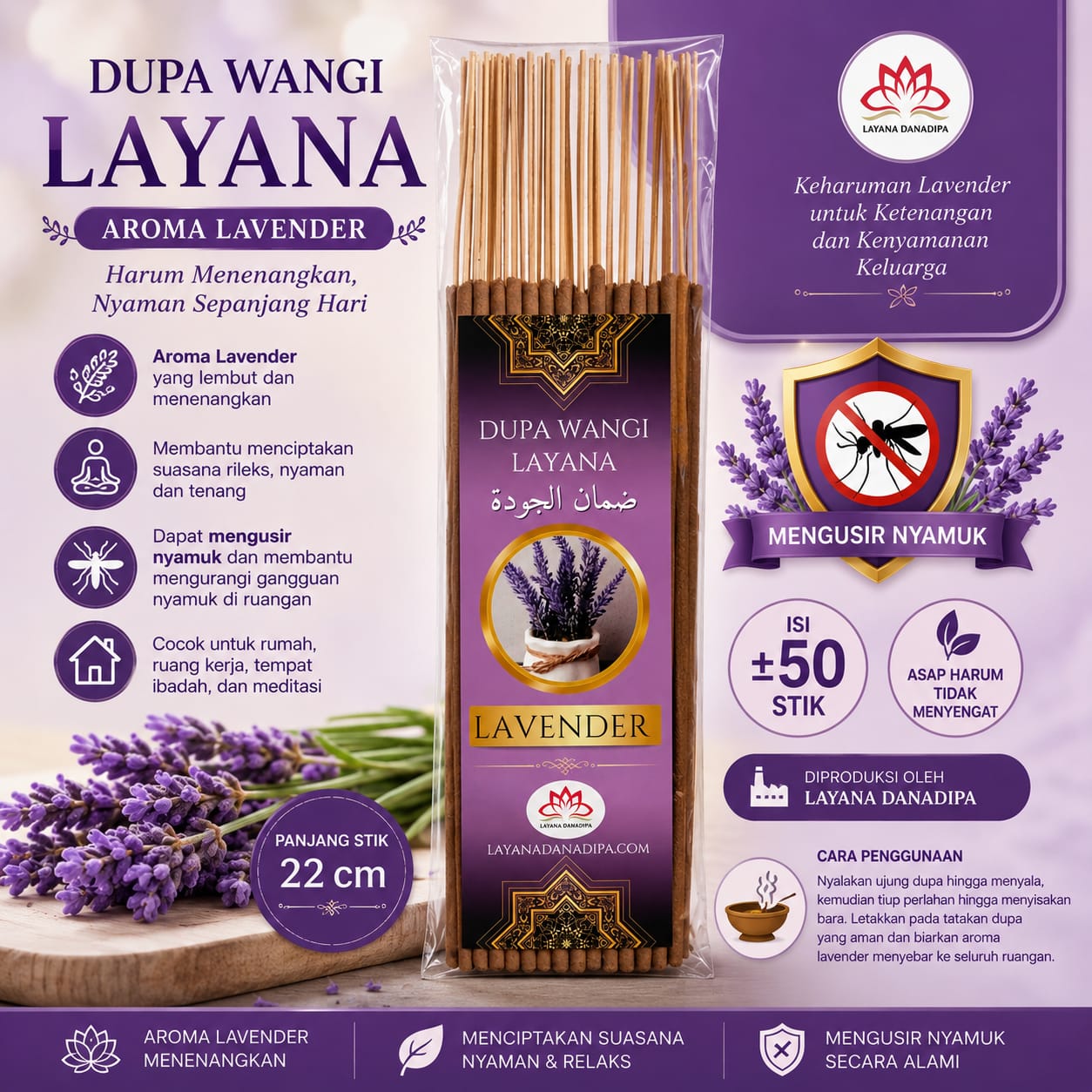 Dupa Lavender Layana Premium 22cm Isi 50 Stik | Harum Menenangkan Membantu Mengurangi Gangguan Nyamuk
