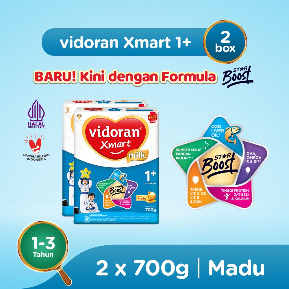 vidoran Xmart 1+ Madu 700gr Susu Formula Pertumbuhan Anak 1-3 Tahun - 2 box (Exp : 03.2027)