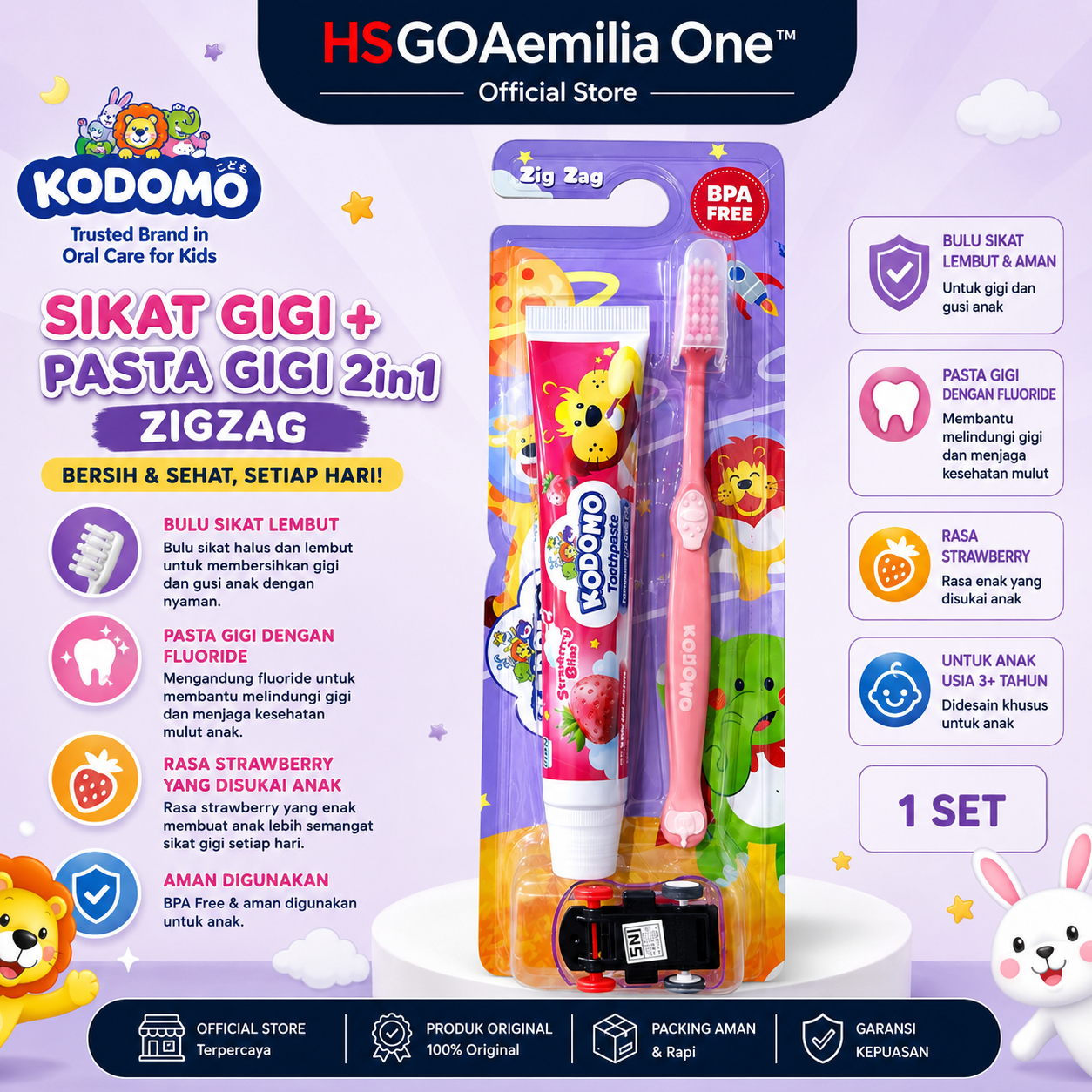KODOMO Perawatan Gigi Anak Sikat Gigi + Pasta Gigi 2in 1 Zigzag 1 pcs