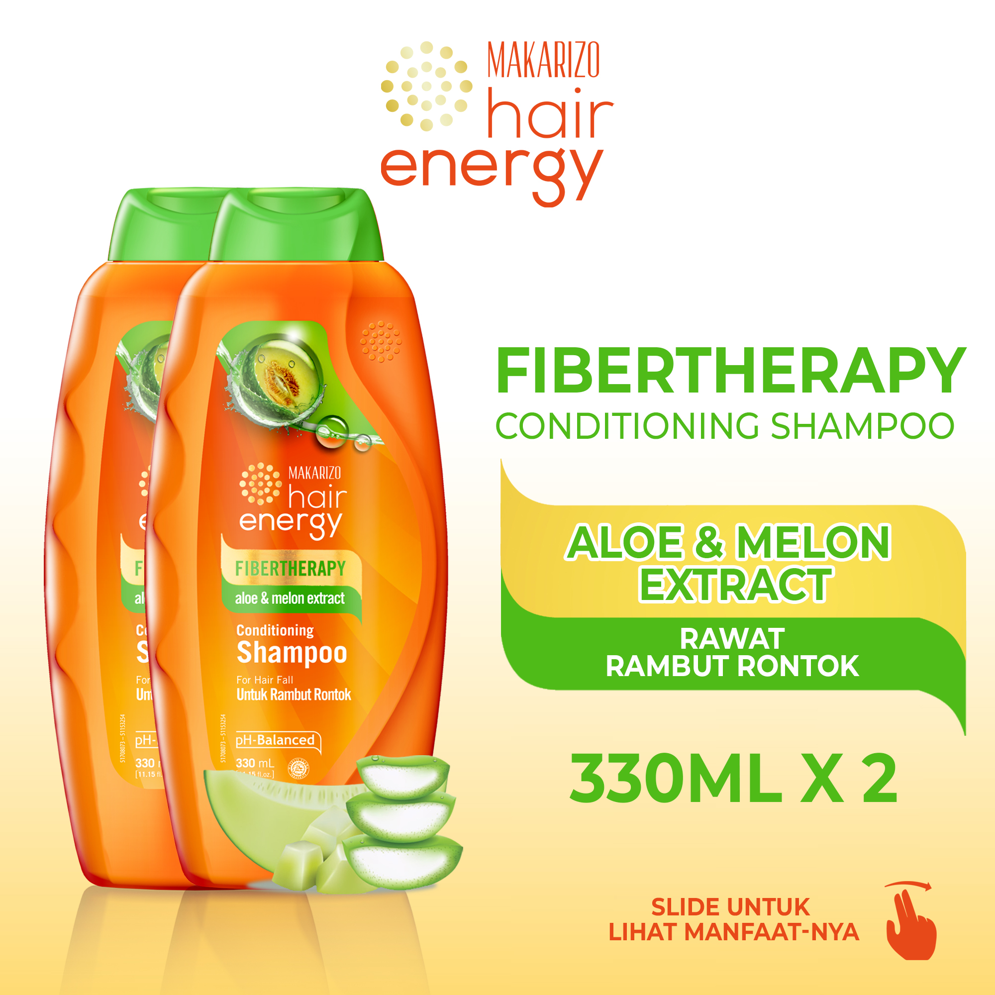 PAKET ISI 2 - Makarizo Hair Energy Fibertherapy Conditioning Shampoo Aloe & Melon 330 mL
