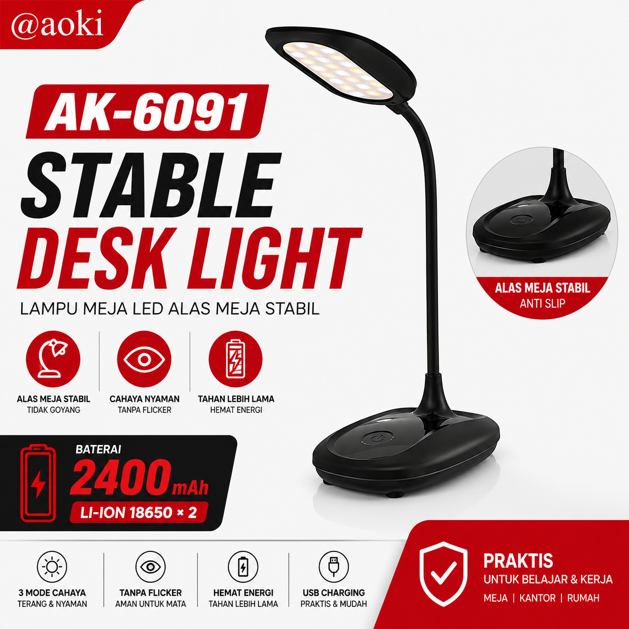 AOKI Lampu Baca LED Jepit Fleksibel Portable Rechargeable