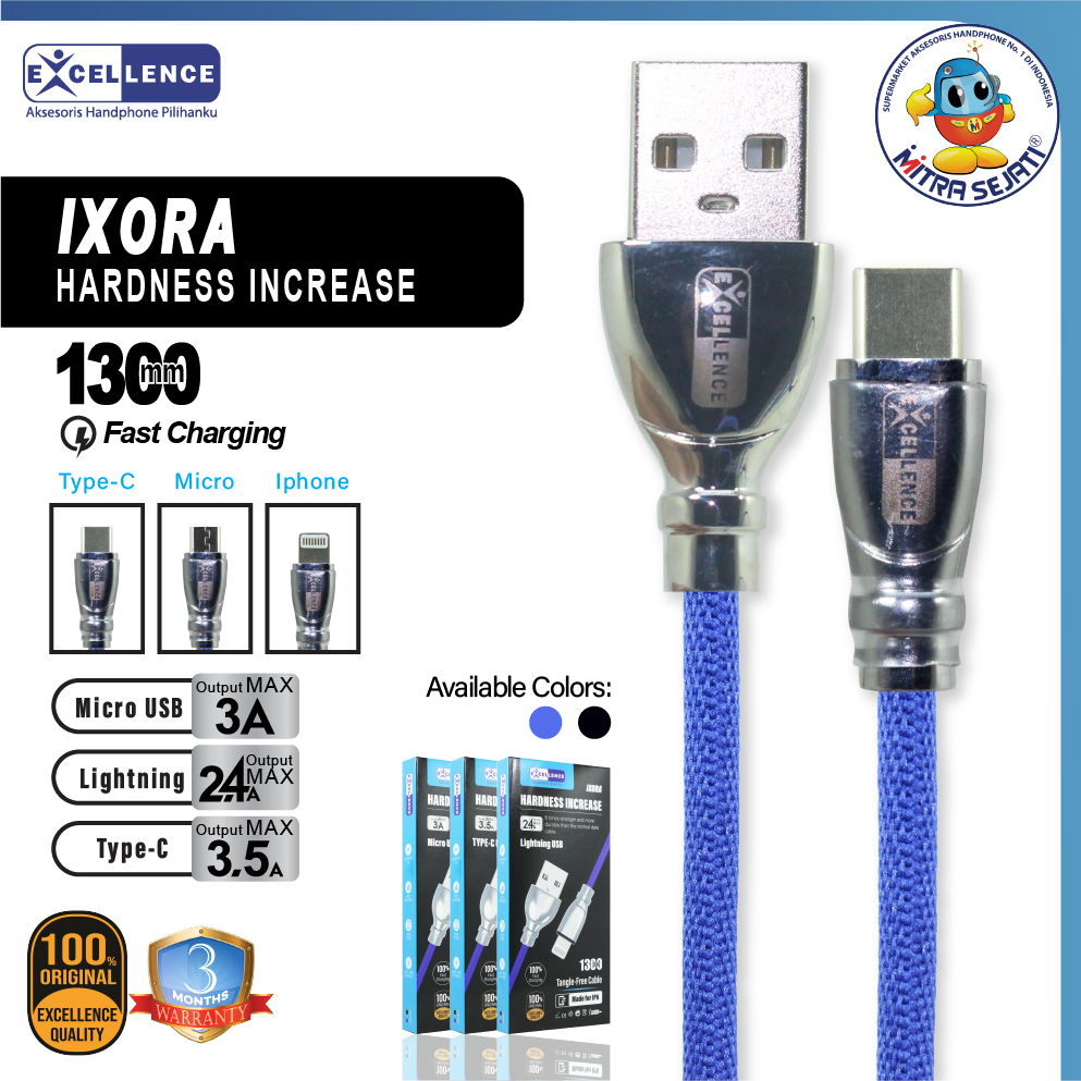 Kabel Data Excellence Ixora 3.5A for Lightning Micro dan Type C Fast Charging Original