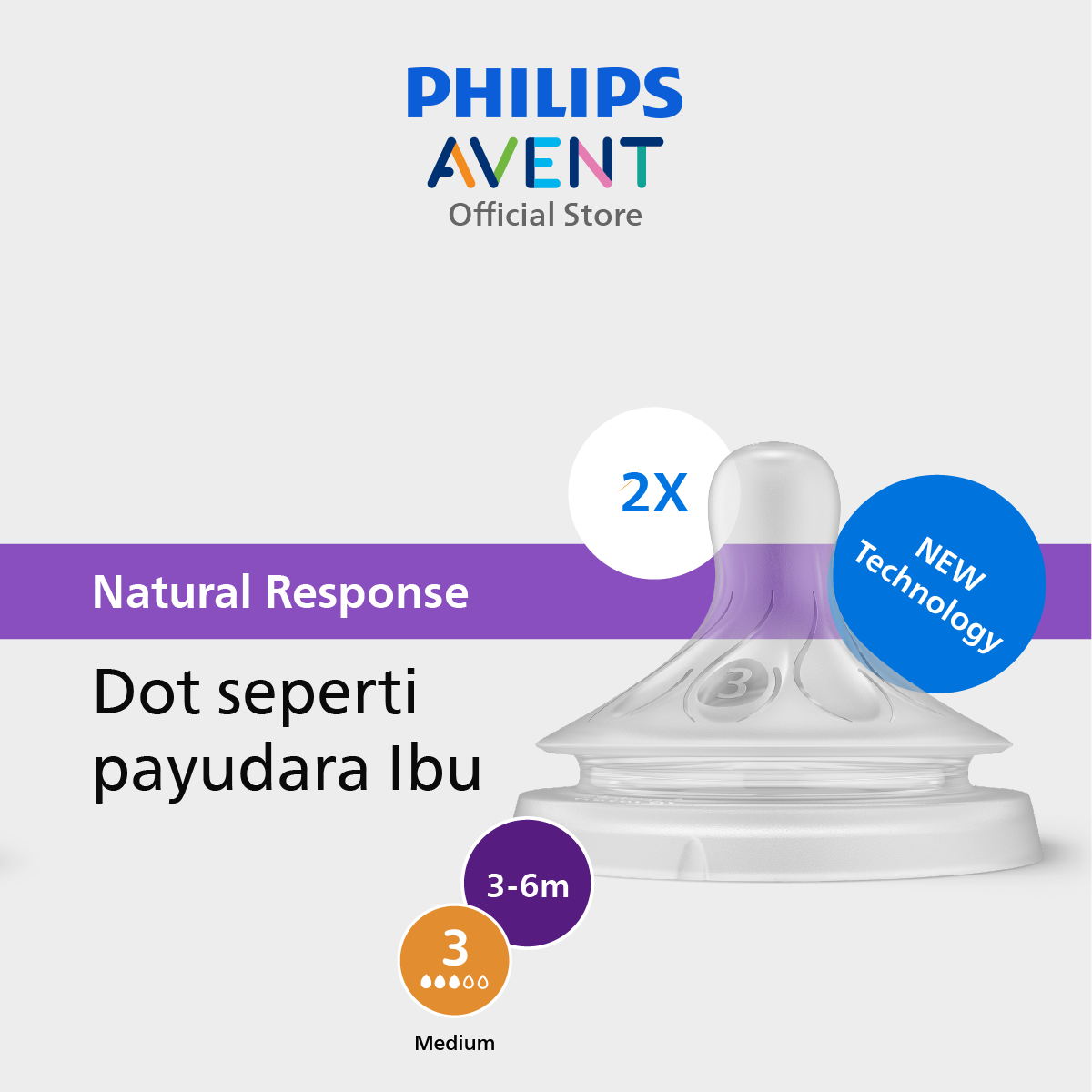 Philips Avent | Dot Bayi Botol Susu | Natural Response | Dot Seperti Payudara Ibu | 3-6M | SCY963/02