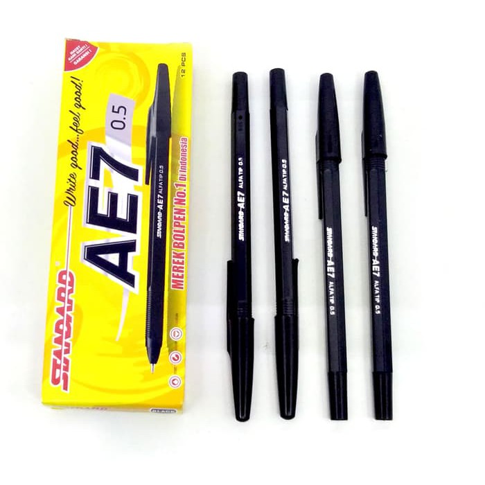 12pcs ballpoint merk standar AE7 hitam