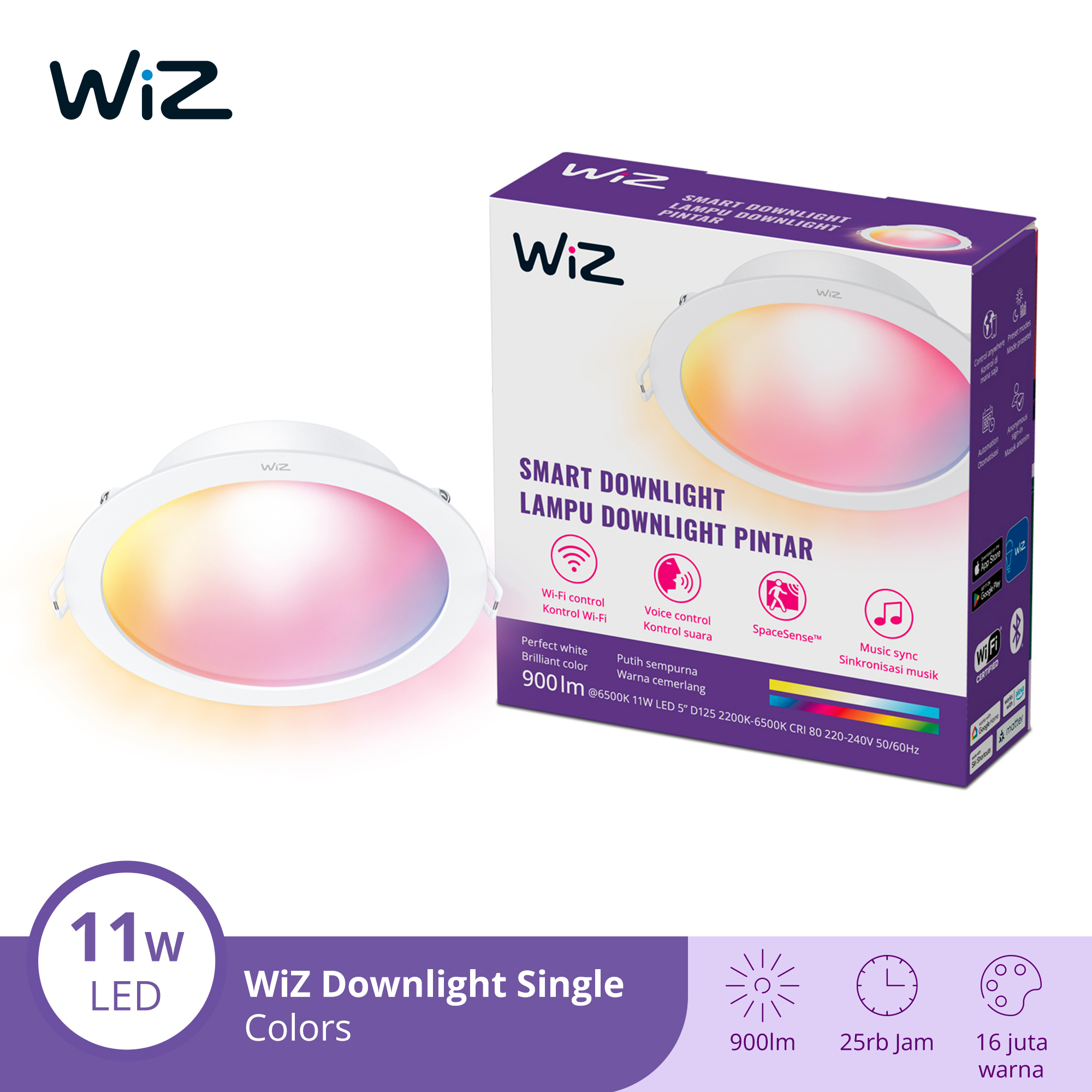WiZ Lampu Smart LED Plafon Rumah Downlight WiFi RGB - Lampu Ceiling Plafon Panel 11W RGB