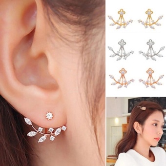 Amefurashi Anting Korea Daun Kristal Crystal Leaf Rhinestone Curved Clip Earring
