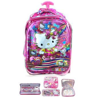 BGC Tas Troley Sekolah Anak SD Bantalan Punggung Hello Kitty 4 Kantung + Lunch Bag ALuminium