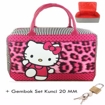 BGC Travel Bag Kanvas Hello Kitty Leopard + Gembok Set Kunci 20mm - Black Pink
