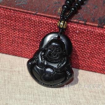 Musim Gugur atau Musim Dingin Imitasi Obsidian Guanyin Budha Pria atau Wanita Kalung Model Panjang Rantai