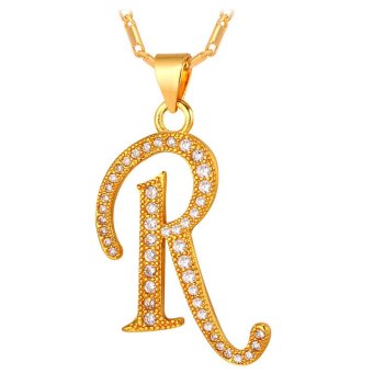U7 Abjad R Awal Pasangan Kalung Kubik Zirkonia 18 KB Nyata Emas Berlapis Fashion Wanita/