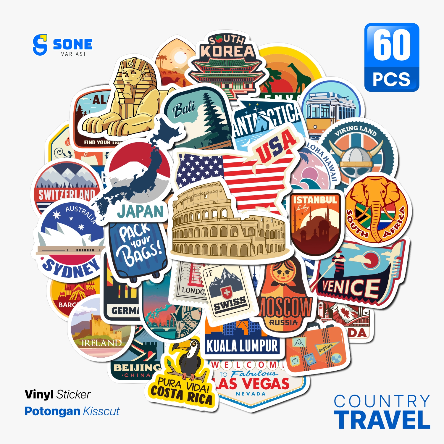 60 Pcs STIKER Pack Travel Vintage Vinyl Waterproof untuk Sticker Thumbler - Stiker Laptop - Koper - Helm