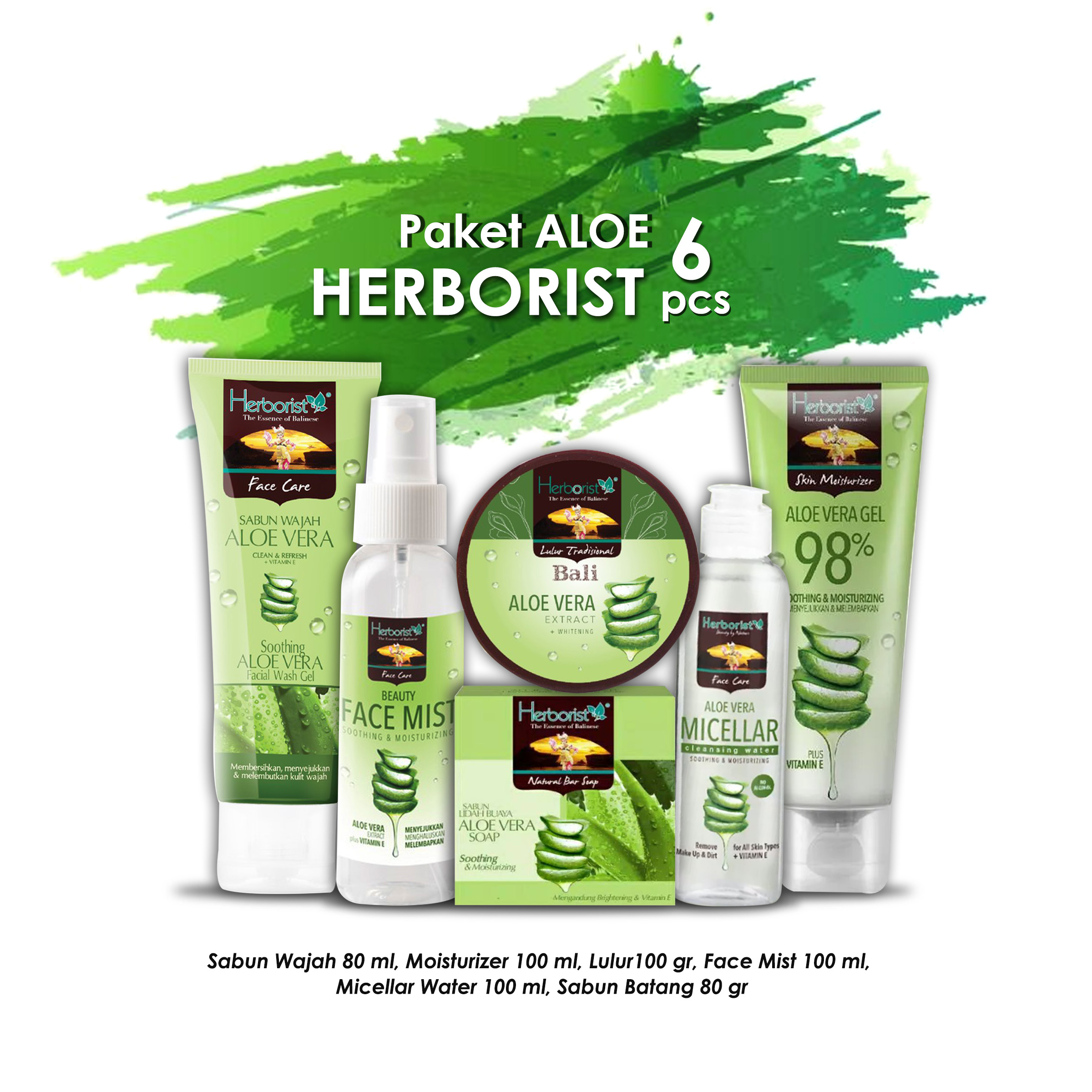 Paket Herborist Aloevera 6 pcs (Sabun Wajah 80 ml, Moisturizer 100 ml, Lulur100 gr, Face Mist 100 ml, Micellar Water 100 ml, Sabun Batang 80 gr)