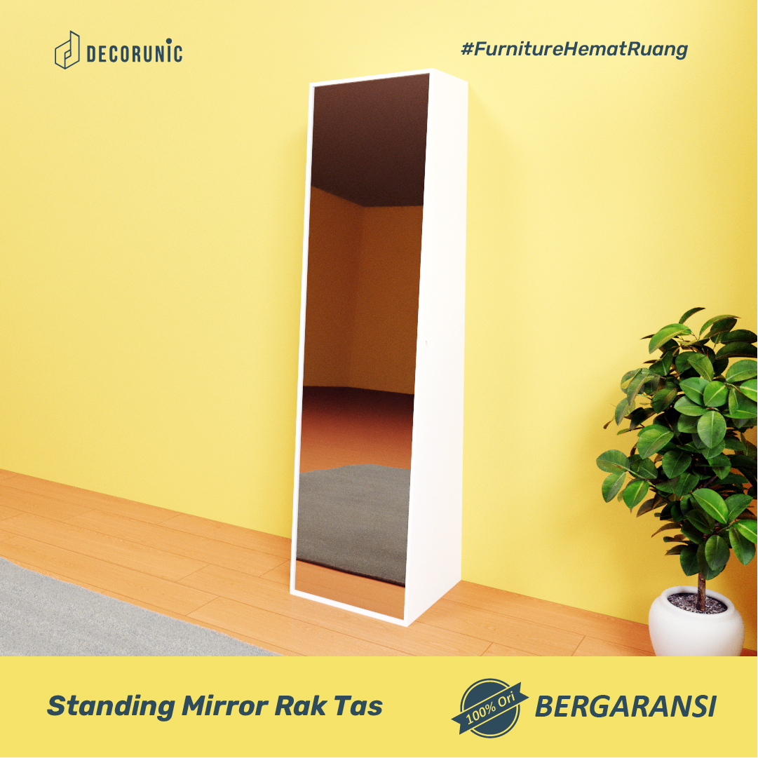 Decorunic Standing Mirror Cermin Full Body dengan Rak Tas - Cermin Badan Dengan Storage Lemari Penyimpanan Minimalis