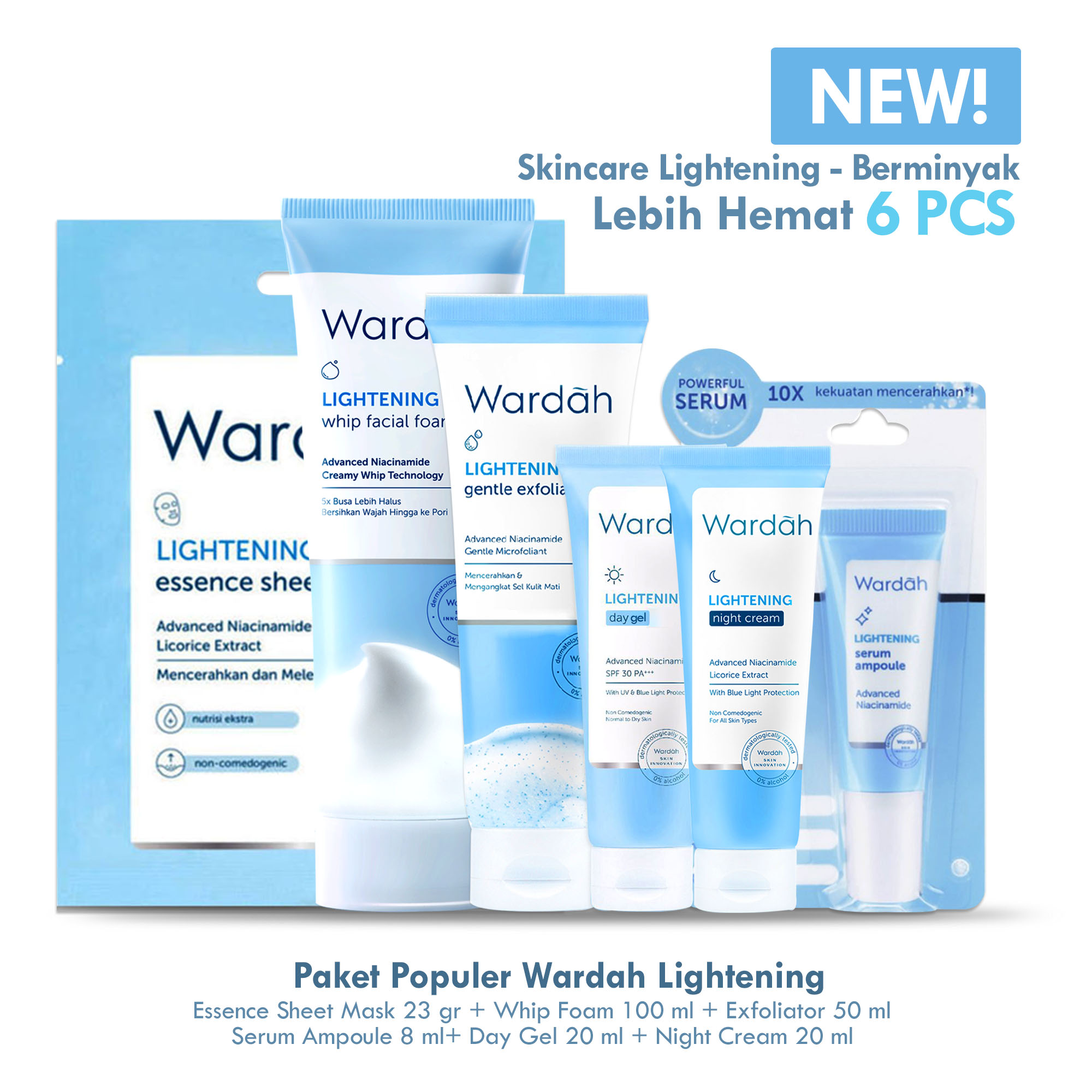 Paket Wardah Lightening 6 pcs (Sheet Mask 32 gr, Face Wash 100 ml, Gentle Exfoliator 50 ml, Day Cream / Gel 20 ml, Night Cream 20 ml, Serum 8 ml)
